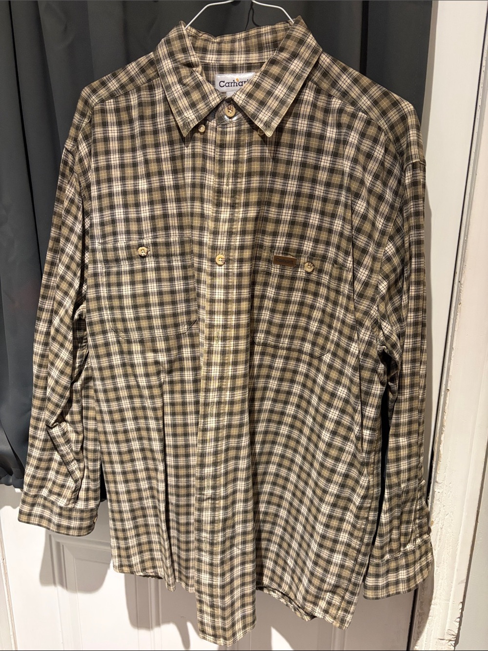 Carhartt Men’s Plaid Button-Down Shirt in Tan and Olive
